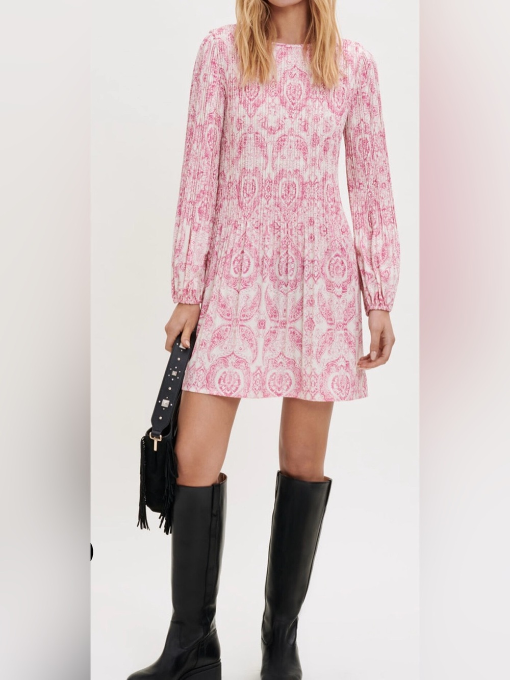 Maje “Cachemire Rosa” Pleated Paisley Mini Dress — Size 36 (US 4)